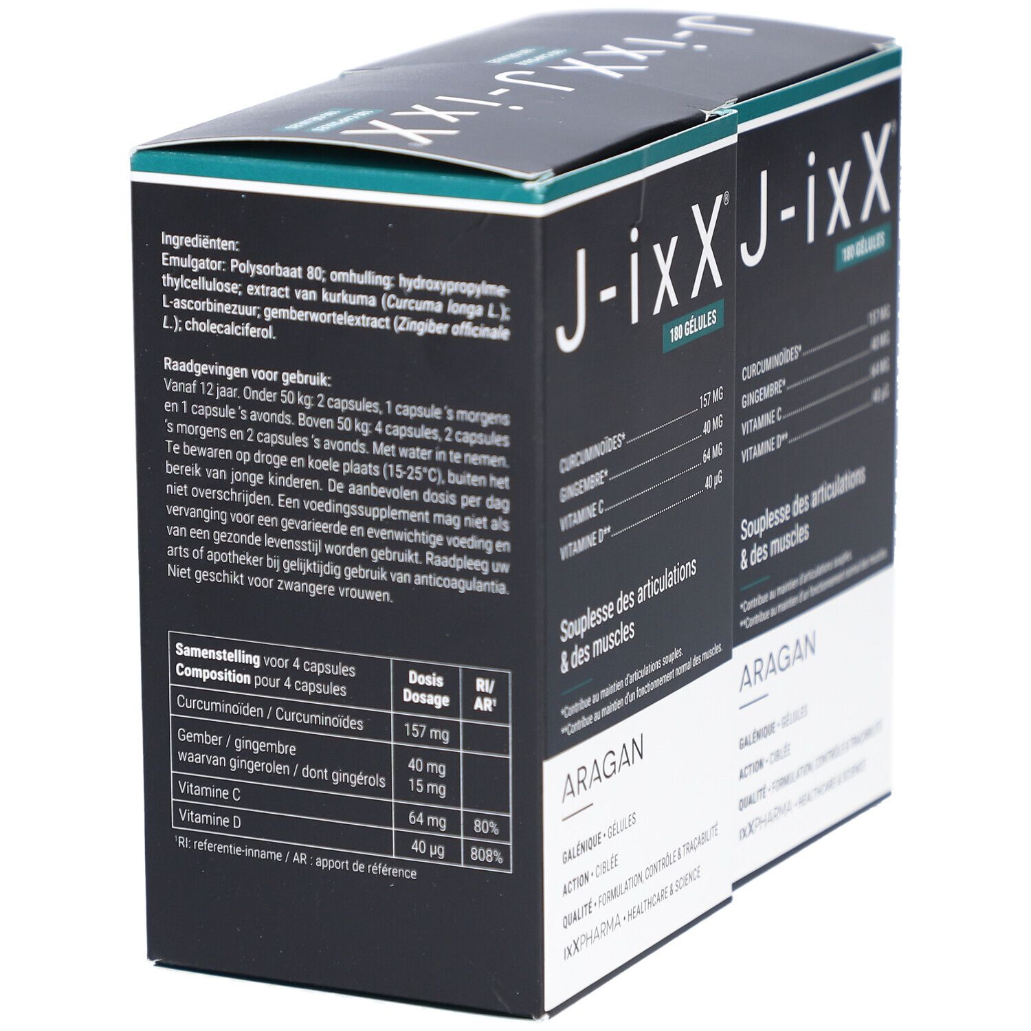 Rückseite einer Schachtel. Aufschrift: J-ixX, 180 Gelules. Text: Geschmeidigkeit der Gelenke & Muskeln. Marke: ARAGAN. Inhaltsstoffe.