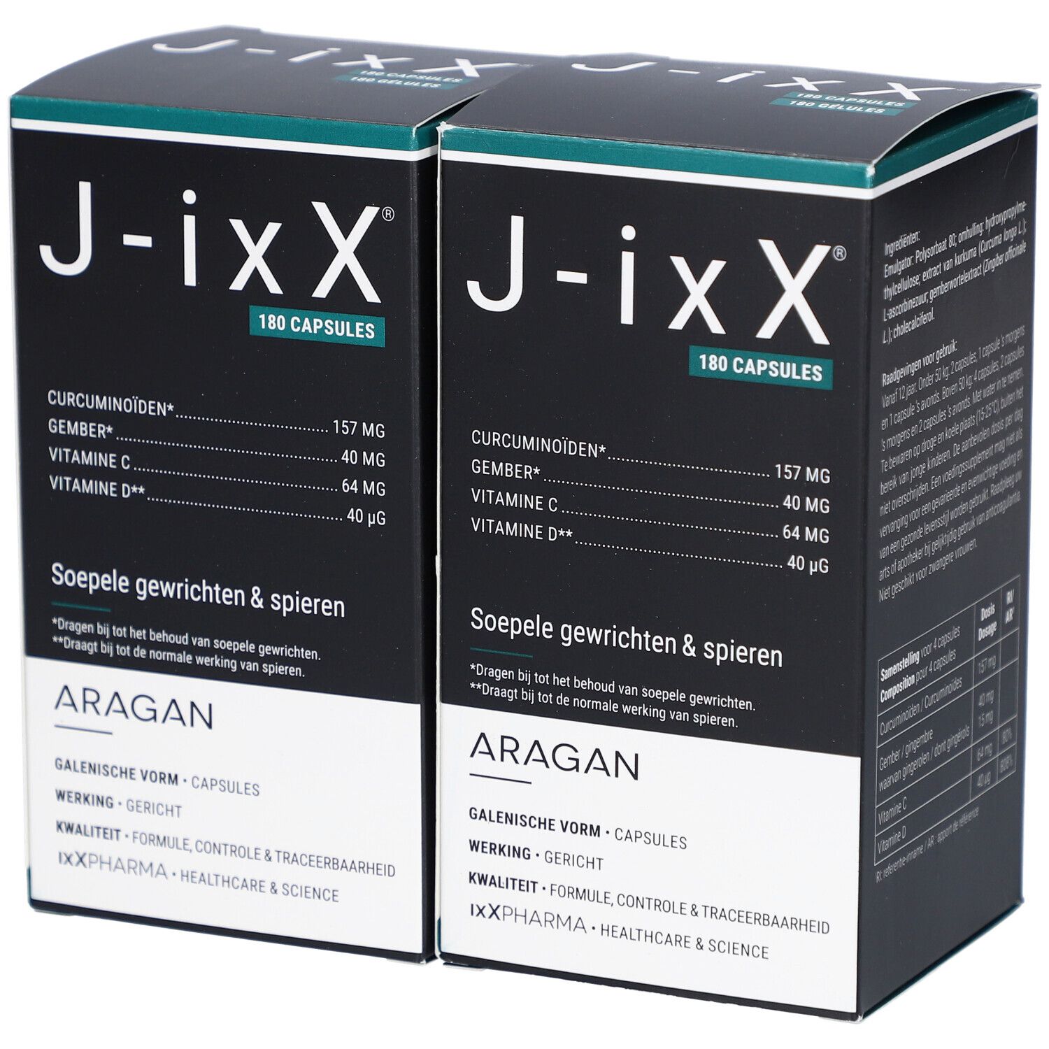 Zwei Schachteln mit schwarzem Deckel. Aufschrift: J-ixX, 180 Kapseln. Text: Geschmeidigkeit der Gelenke & Muskeln. Marke: ARAGAN.