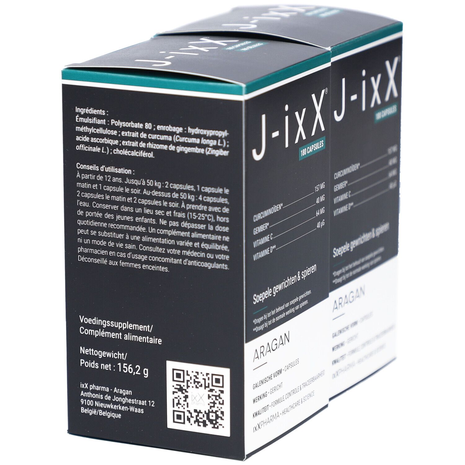 Rückseite einer Schachtel. Aufschrift: J-ixX, 180 Kapseln. Text: Geschmeidigkeit der Gelenke & Muskeln. Marke: ARAGAN. Inhaltsstoffe.