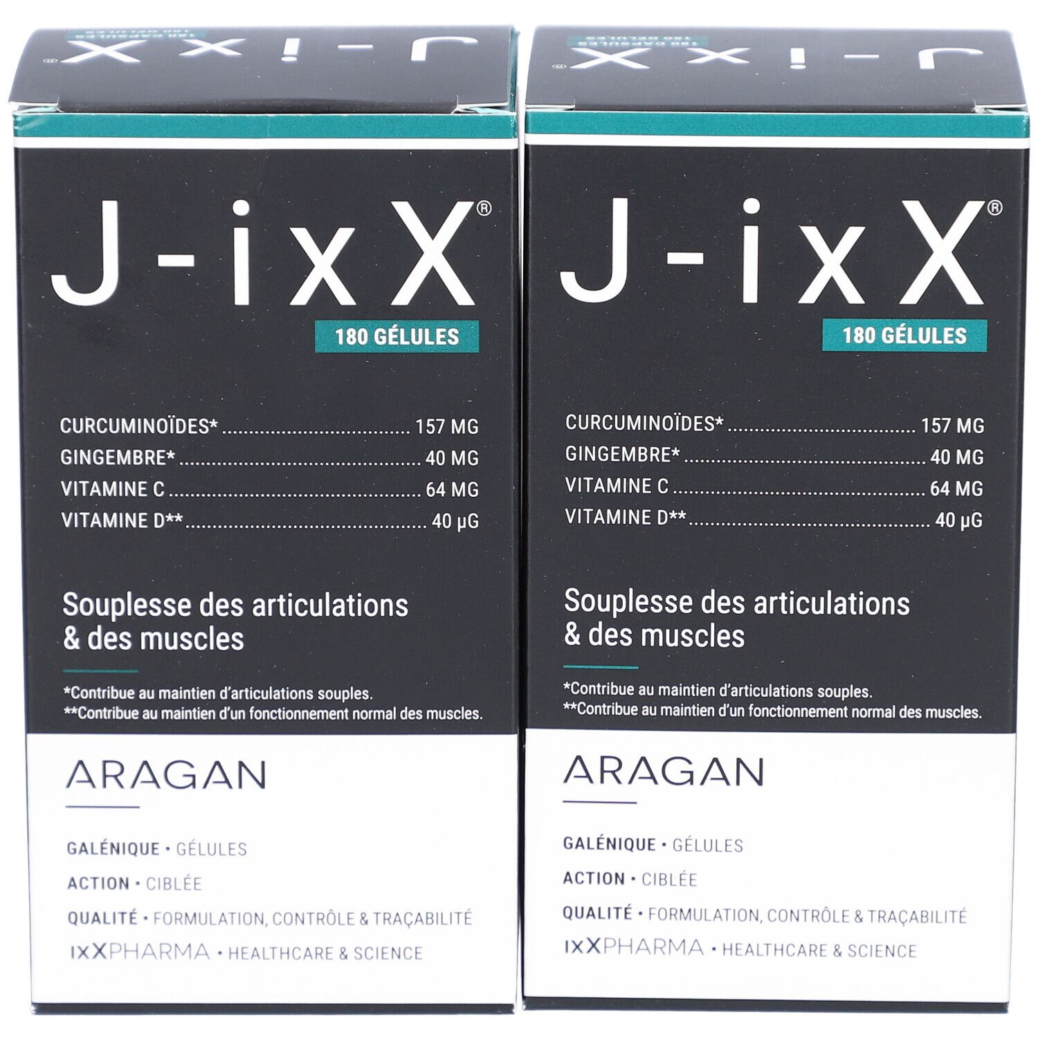 Zwei Schachteln mit schwarzem Deckel. Aufschrift: J-ixX, 180 Gelules. Text: Geschmeidigkeit der Gelenke & Muskeln. Marke: ARAGAN.
