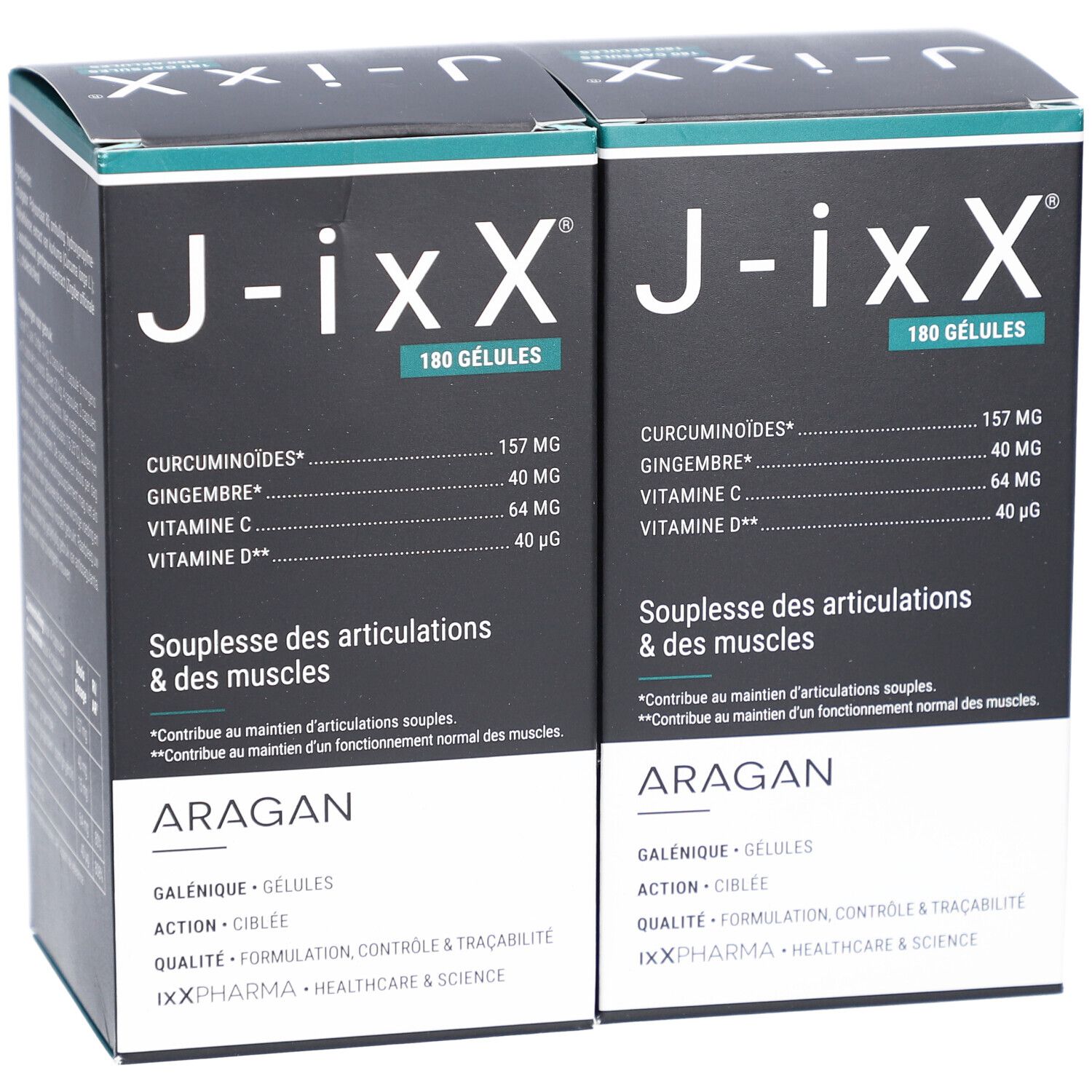 Zwei Schachteln mit schwarzem Deckel. Aufschrift: J-ixX, 180 Gelules. Text: Geschmeidigkeit der Gelenke & Muskeln. Marke: ARAGAN.