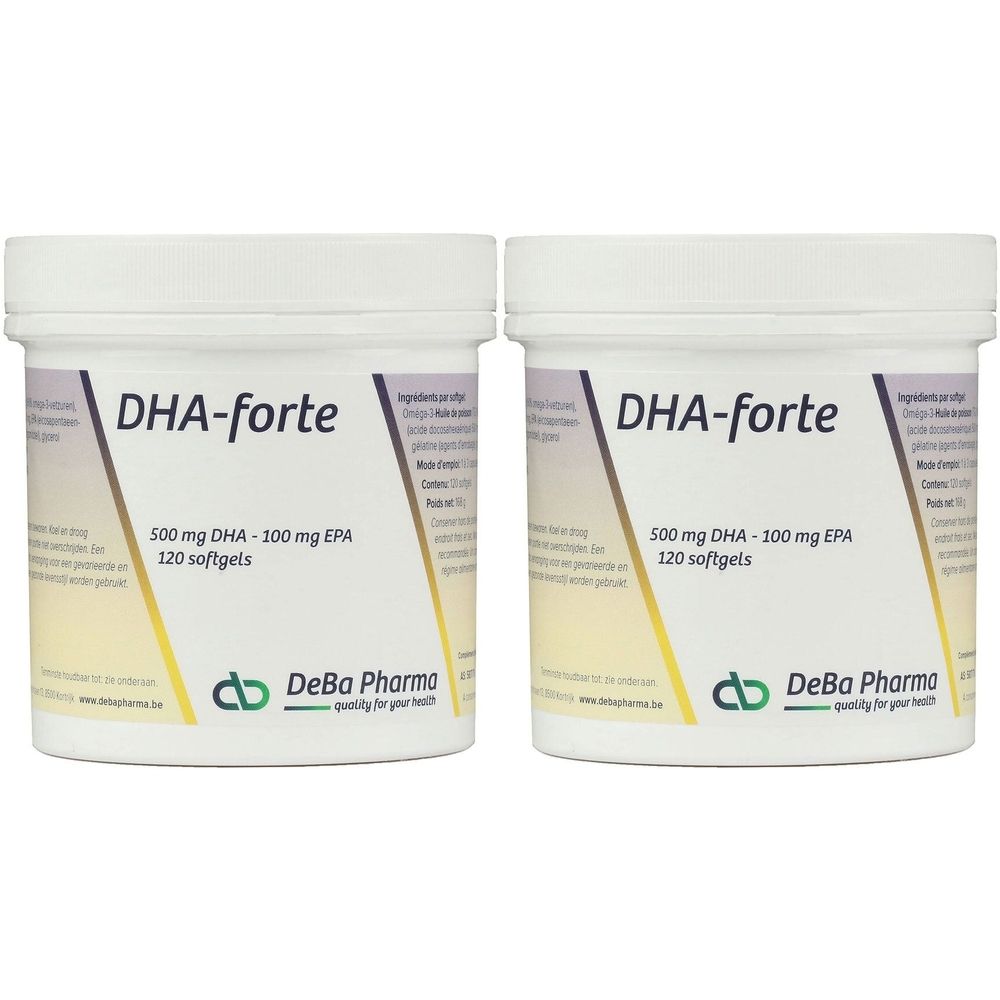 Deux pots blancs avec étiquette DHA-forte. Contient 120 gélules. Logo DeBa Pharma en bas.