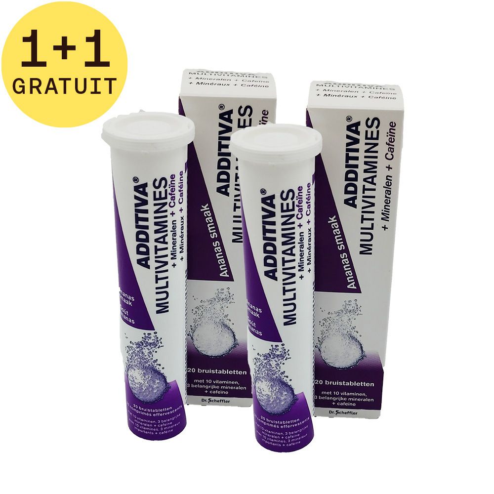 Emballage produit avec deux tubes et deux boîtes. Inscription: Additiva Multivitamines + Minéraux + caféine.