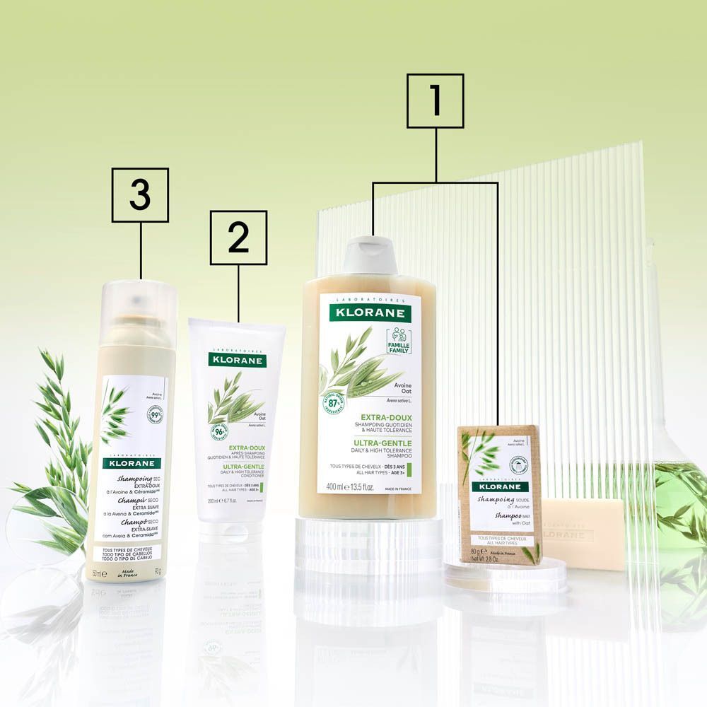 Différents produits Klorane. Shampooing, après-shampooing, shampooing sec et échantillon.