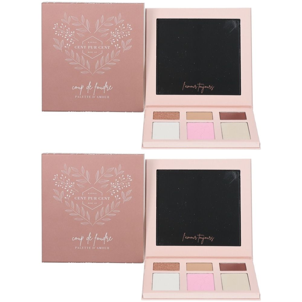 Zwei Paletten mit Spiegeln und sechs Farbtönen. Rosa Verpackung mit Schriftzug. Geöffnet, eine Palette mit Spiegel und sechs Farbtönen.