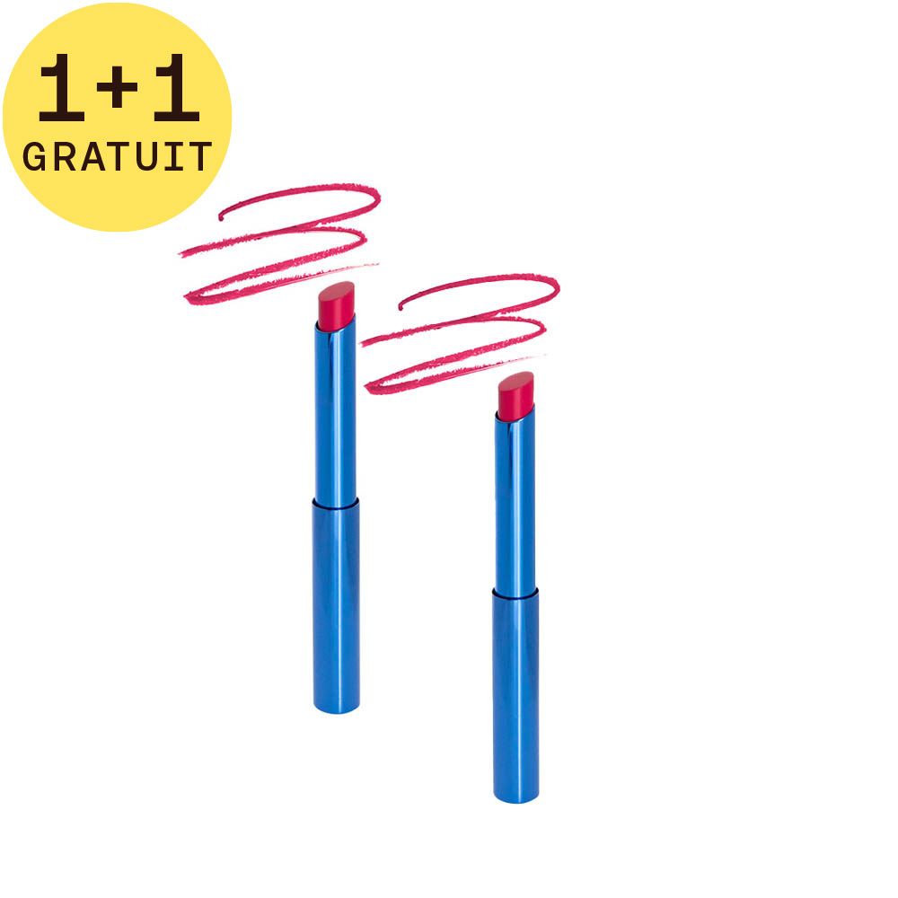 Deux rouges à lèvres avec embouts rouges et étuis bleus. En haut à gauche : étiquette jaune "1+1 GRATUIT".