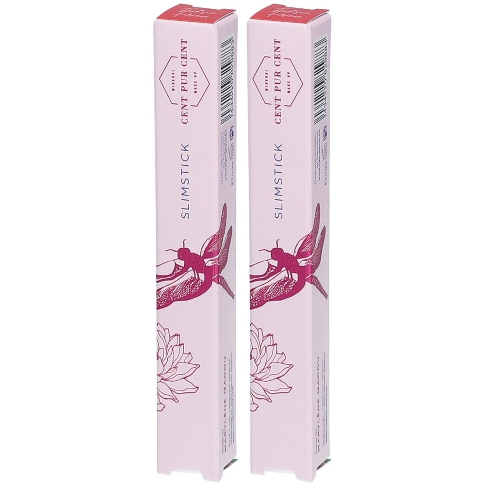 Zwei schlanke, rosa Lippenstiftverpackungen. Aufdruck: CENT PUR CENT SLIMSTICK. Abbildung einer Blume und eines Insekts.
