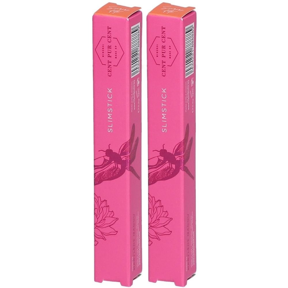 Zwei schlanke, pinkfarbene Verpackungen mit dem Schriftzug "Cent Pur Cent Slimstick". Aufdrucke: Libelle und Lotusblüte.