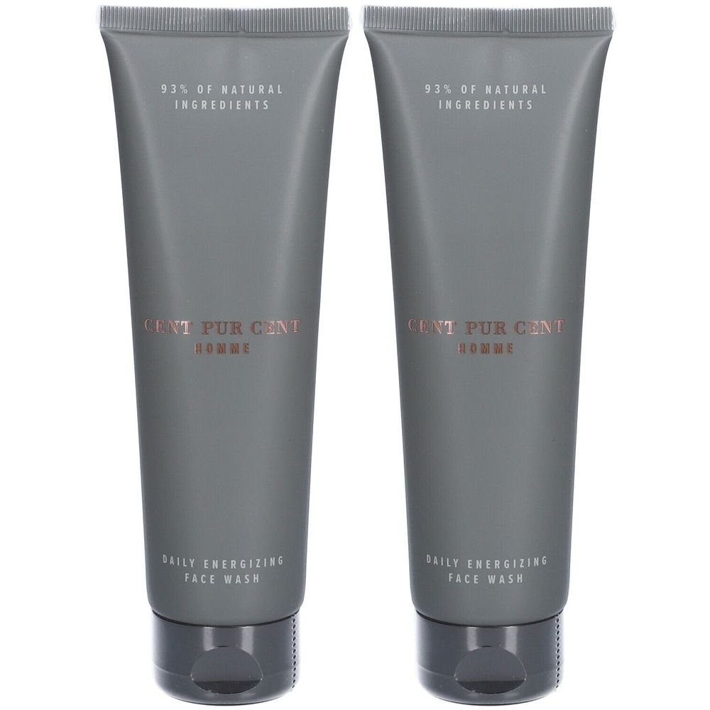 Zwei graue Tuben. Aufschrift: Cent Pur Cent Homme, Daily Energizing Face Wash. 93% natürliche Inhaltsstoffe.
