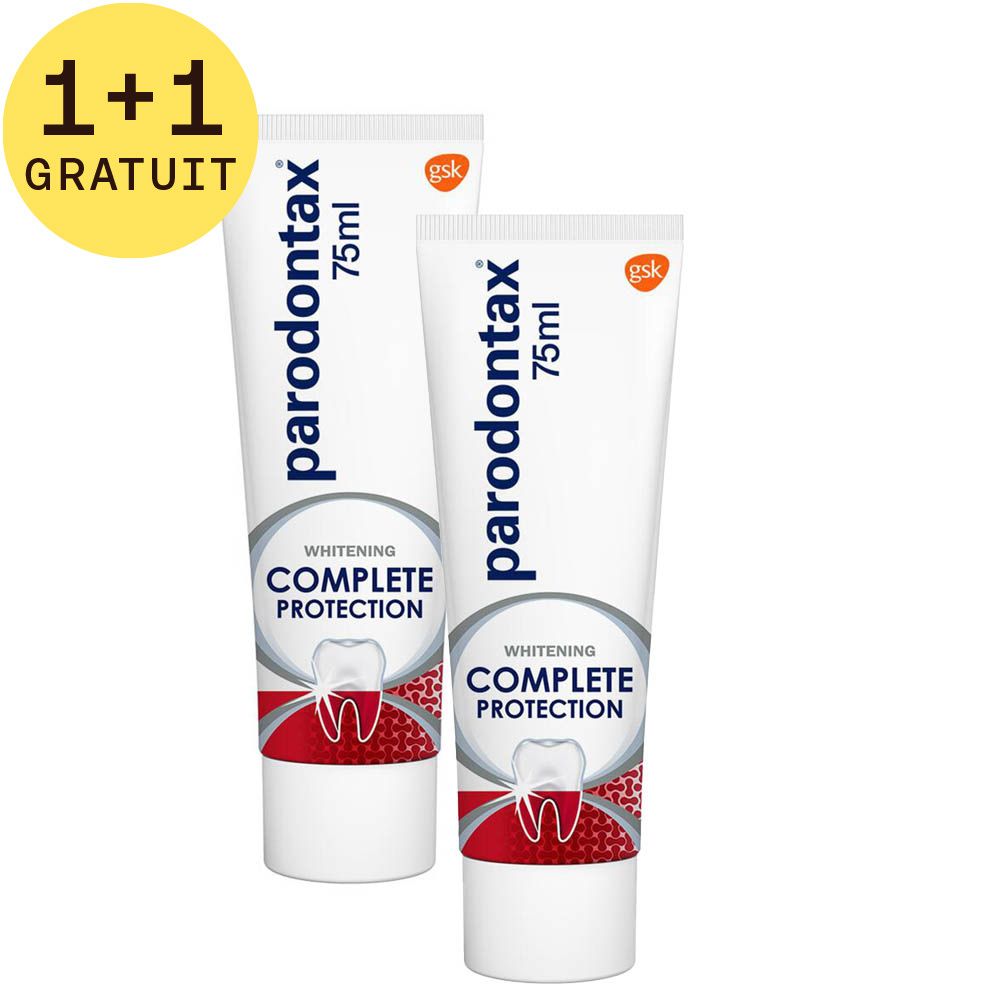 Deux tubes de dentifrice Parodontax, blanc, avec l'inscription "1+1 GRATUIT".