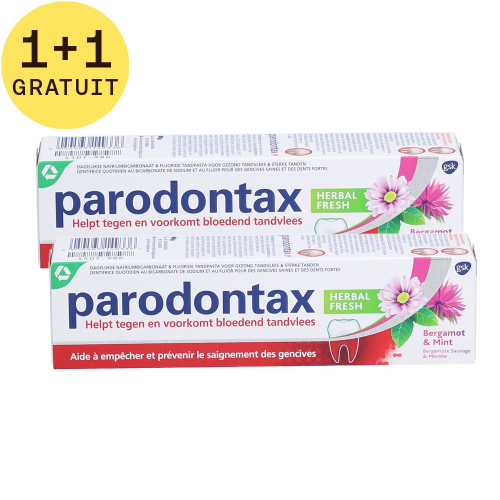Deux boîtes de dentifrice Parodontax Herbal Fresh. Inscription : Aide à empêcher et prévenir le saignement des gencives.