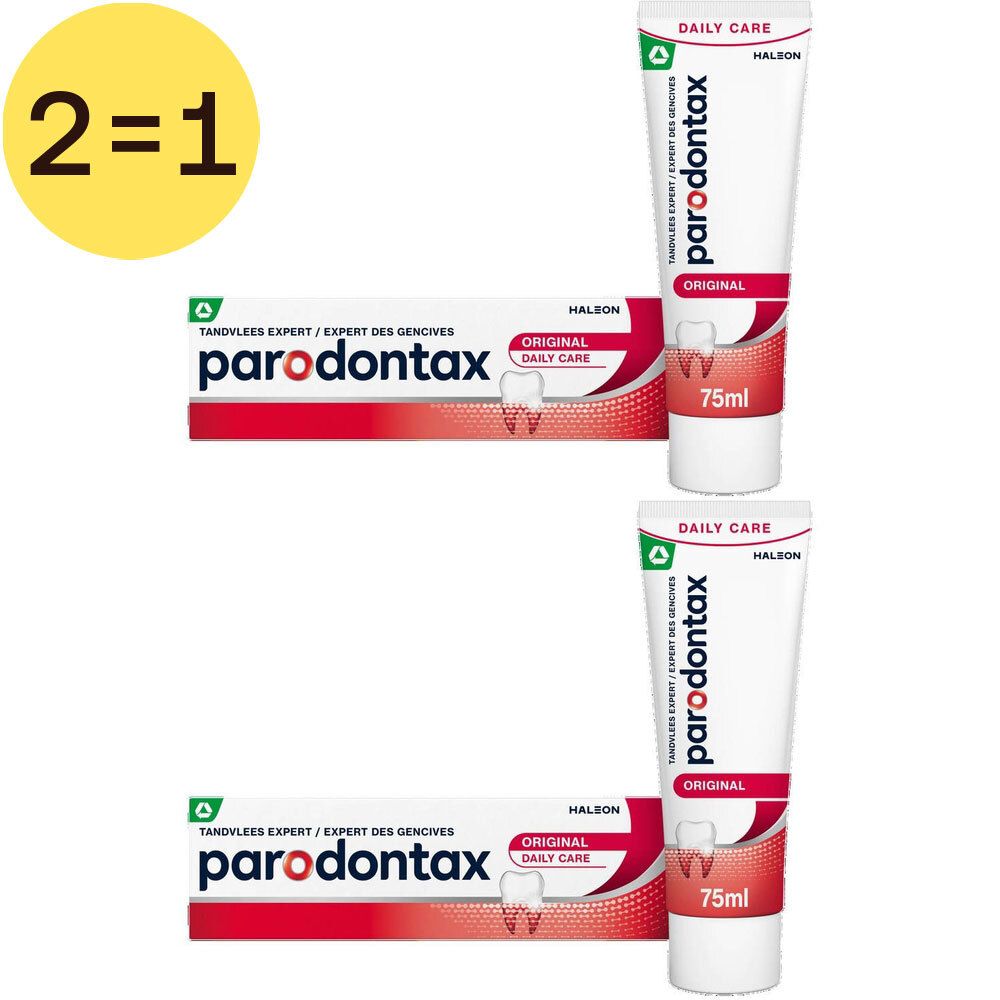 Deux tubes de dentifrice Parodontax Original. Offre 2 pour 1. Tubes blancs avec texte rouge.