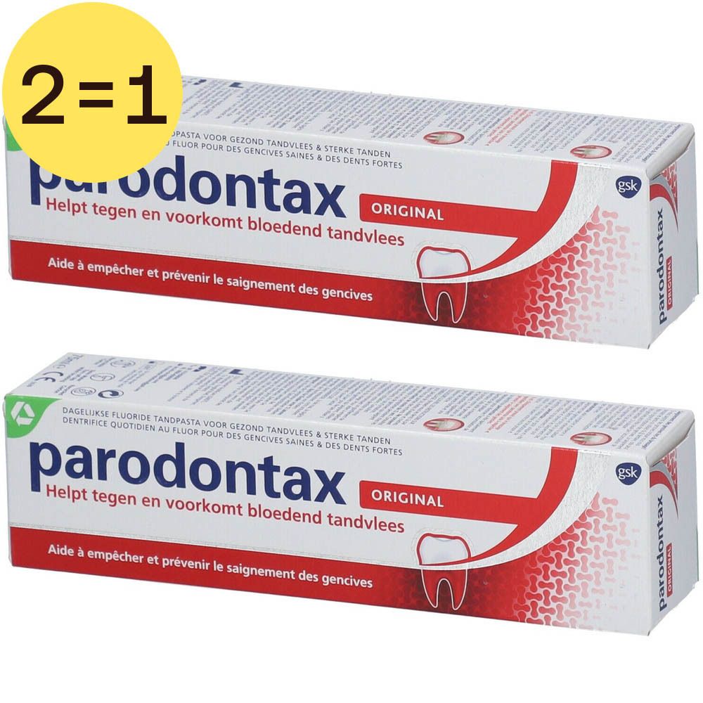 Deux tubes de dentifrice Parodontax Original. Offre 2 pour 1. Tubes blancs avec texte rouge.
