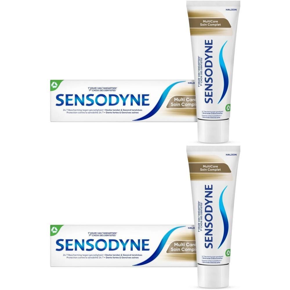 Zwei Tuben und Faltschachteln Sensodyne Multi Care Zahnpasta mit blauer und grüner Schrift auf weißem Hintergrund.