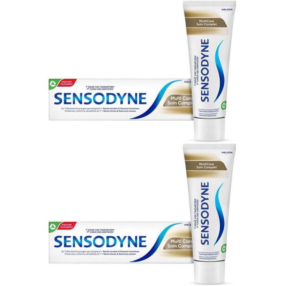 Deux boîtes et deux tubes de Sensodyne Multi Care. Emballage avec logo Sensodyne et nom du produit.