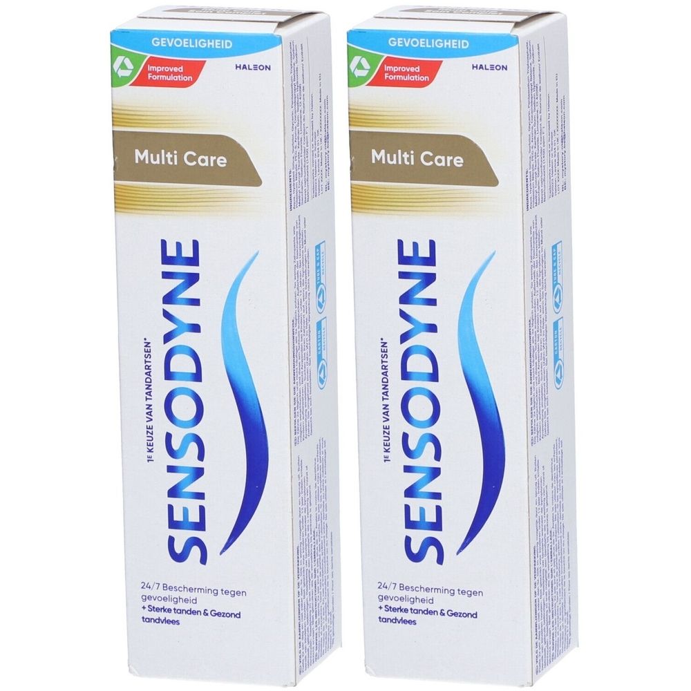 Zwei Tuben Sensodyne Multi Care Zahnpasta. Blaue und weiße Verpackung mit Schriftzug Sensodyne und Multi Care.