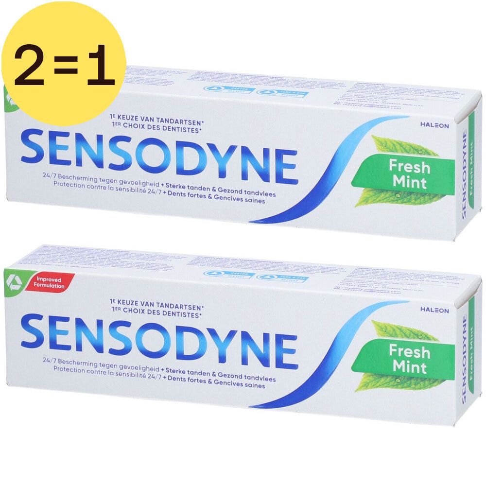 Deux boîtes de dentifrice SENSODYNE Fresh Mint. Inscription 2=1. Emballage avec vague bleue et feuilles vertes.