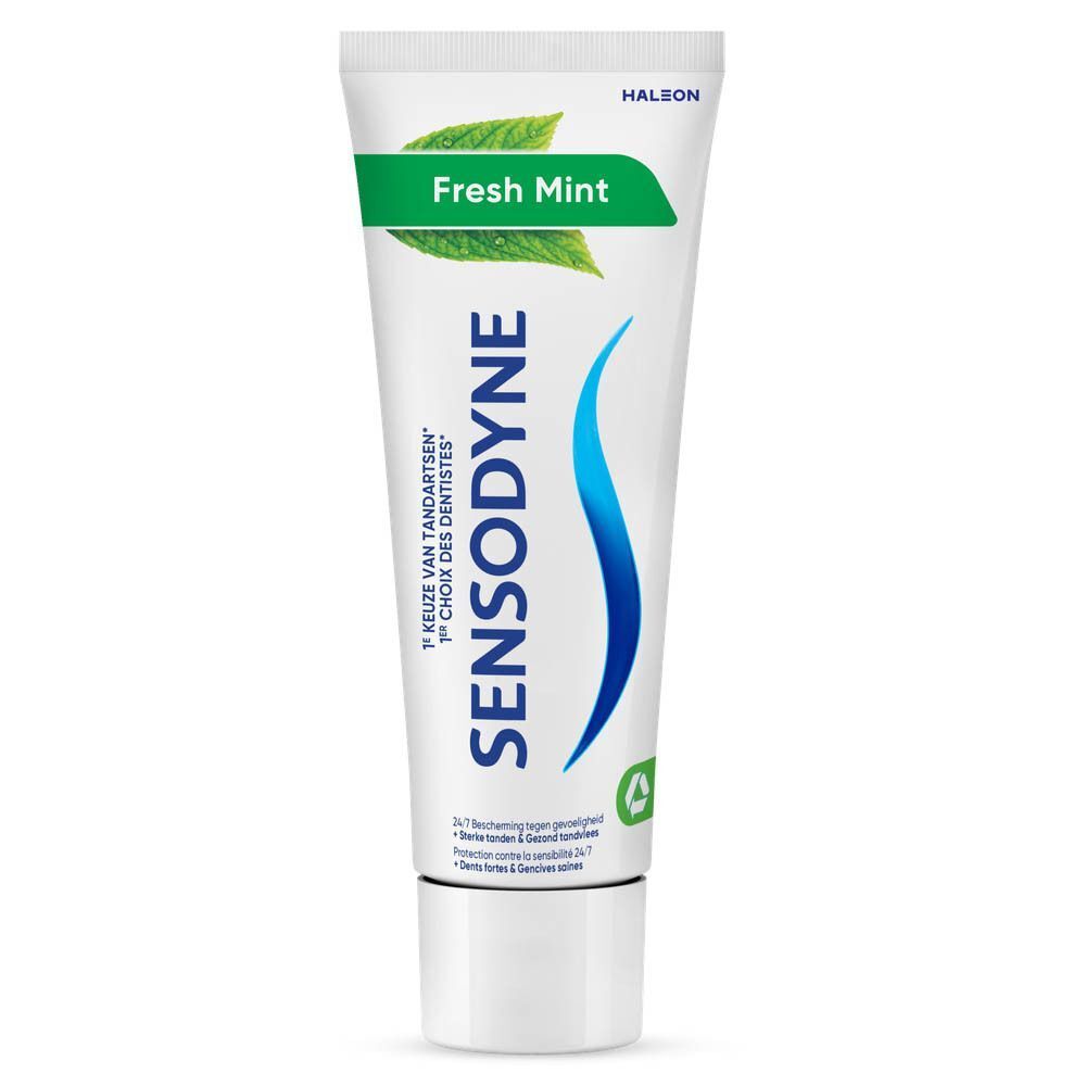 Sensodyne Zahnpasta Tube mit "Fresh Mint" Aufdruck.