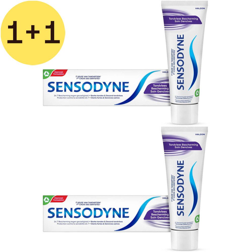 Deux tubes et deux boîtes de dentifrice Sensodyne. Tubes et boîtes blancs avec design bleu et violet. Texte: Sensodyne, Soin Gencives.