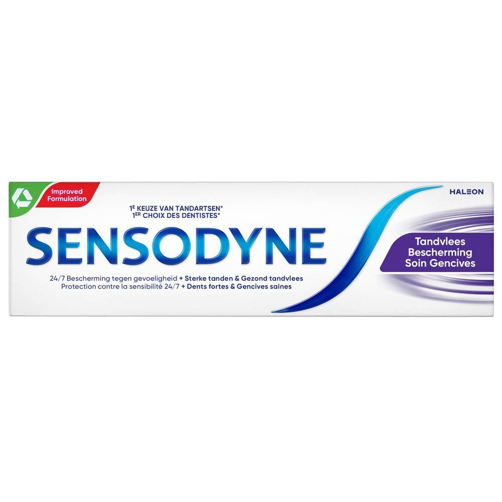 Une boîte de dentifrice Sensodyne Gum Protection. Blanc avec texte bleu et violet.