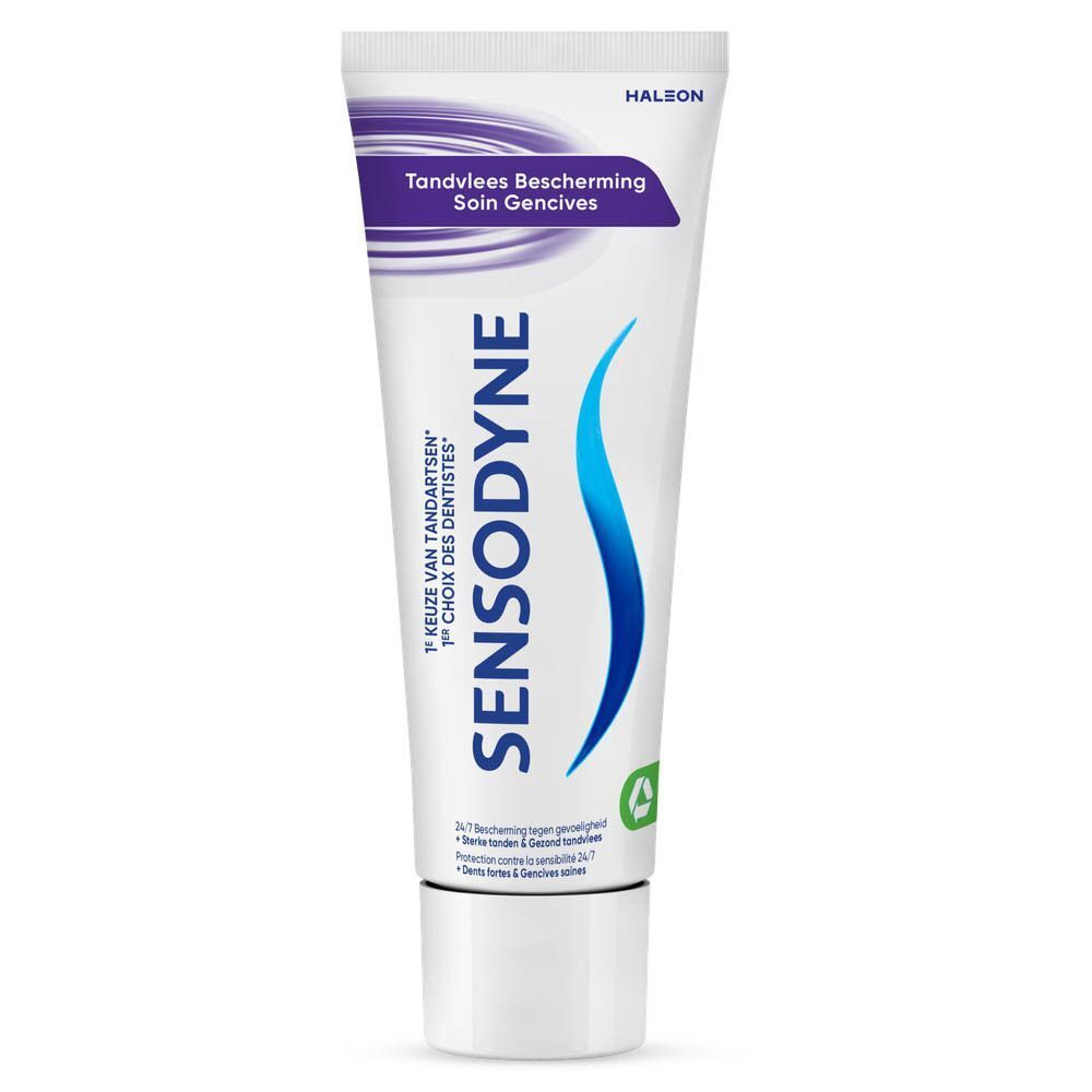 Un tube de dentifrice Sensodyne Gum Protection. Blanc avec texte bleu et violet.