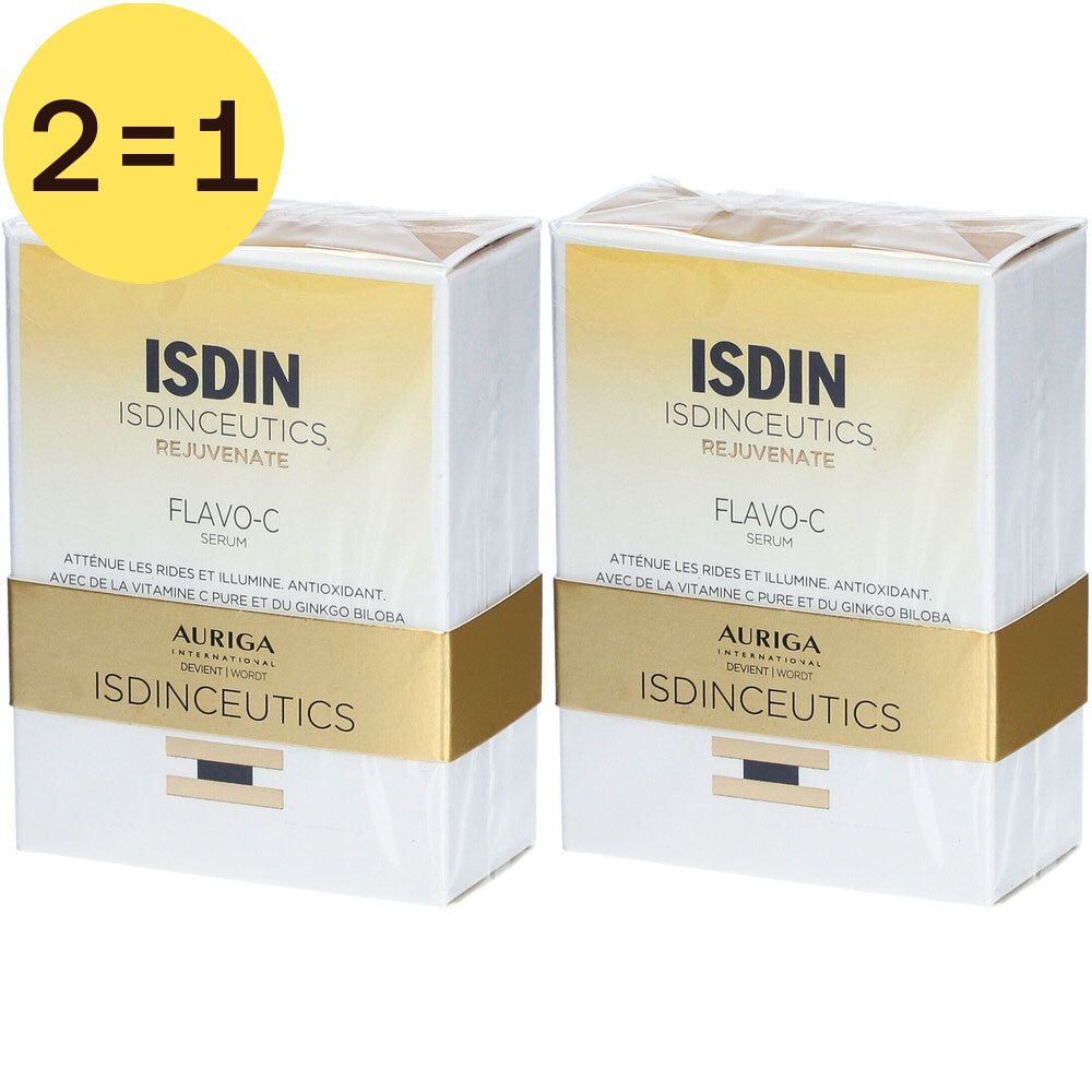 Deux boîtes de sérum ISDIN Isdinceutics Flavo-C. Inscription : ISDIN, Flavo-C Serum, Auriga, 2=1.