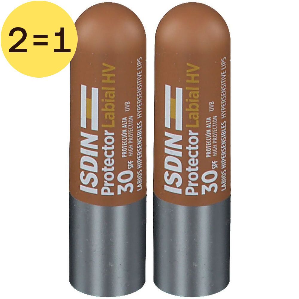 Deux sticks de soin pour les lèvres, étui marron, base argentée. Inscription : ISDIN Protector Labial HV SPF 30. Étiquette 2=1.