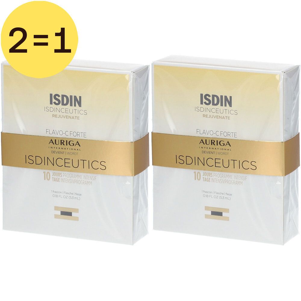 Deux boîtes emballées ISDIN Isdinceutics Flavo-C Forte Serum. Écriture et accents dorés. Offre 2=1.