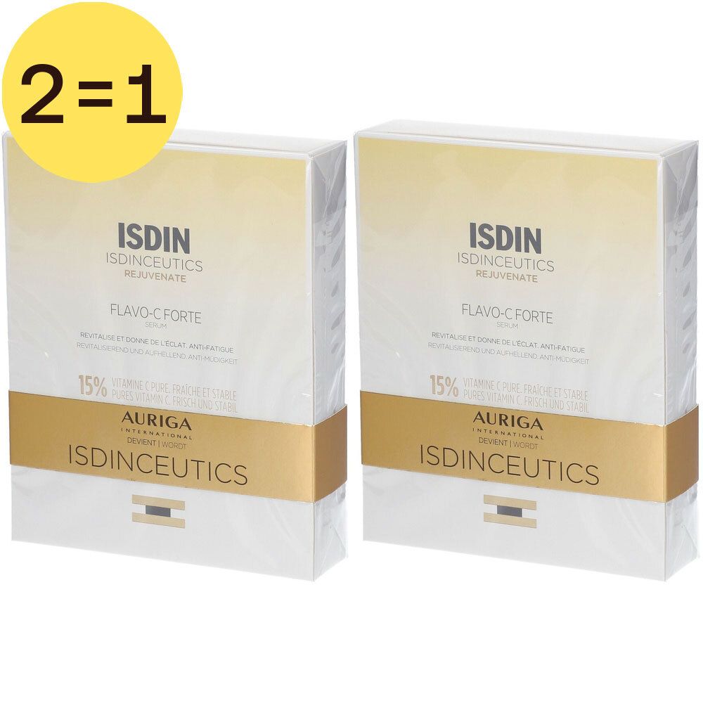 Deux boîtes ISDIN Isdinceutics Flavo-C Forte Serum 2 pour 1. Emballage blanc et doré avec nom et logo du produit.