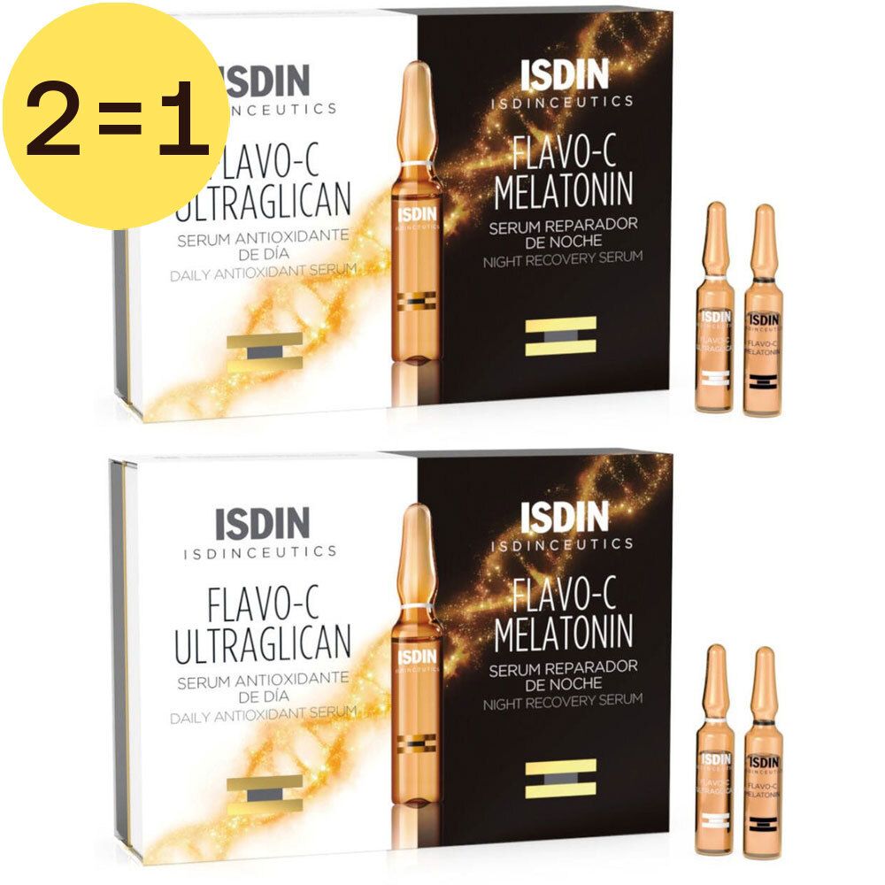 Deux boîtes de produit avec ampoules. Inscription : Flavo-C Ultraglican et Flavo-C Melatonin. Indication 2=1.