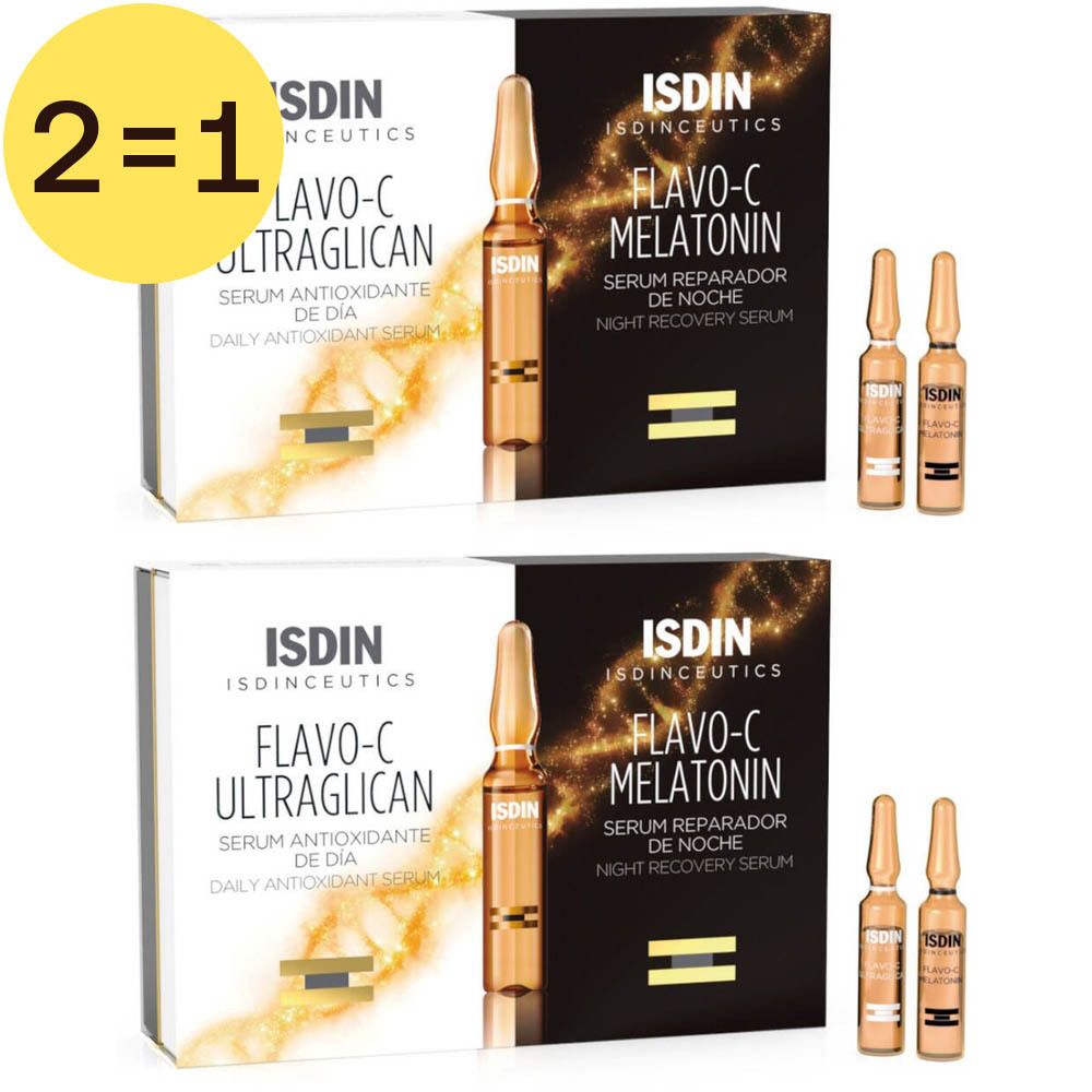Deux boîtes de produit avec ampoules. Inscription : Flavo-C Ultraglican et Flavo-C Melatonin. Indication 2=1.