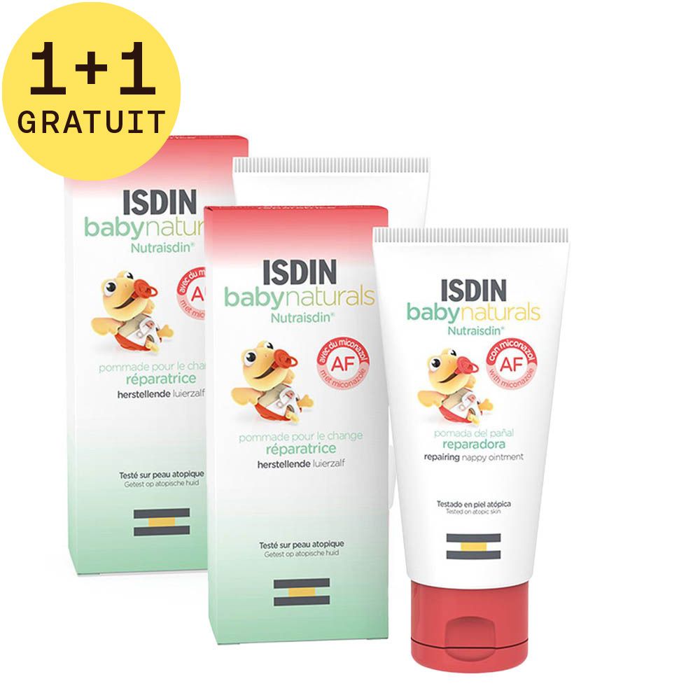 Trois tubes et trois boîtes. Inscription: ISDIN Babynaturals Nutraisdin. Pommade pour le change réparatrice. Label AF. Label 1+1 GRATUIT.