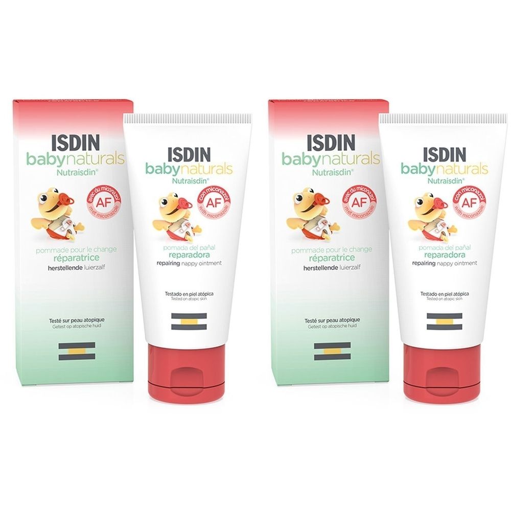 Deux tubes et deux boîtes. Inscription: ISDIN Babynaturals Nutraisdin. Pommade pour le change réparatrice. Label AF. Emballage rouge et blanc.