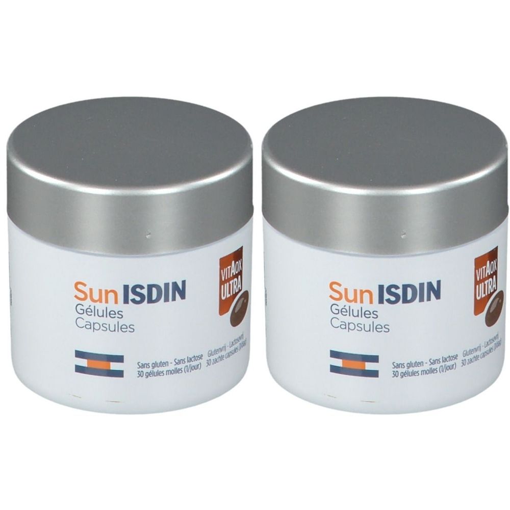 Deux pots blancs avec couvercles argentés. Inscription SunISDIN Gélules Capsules. Bande orange. Logo VitaOX Ultra.