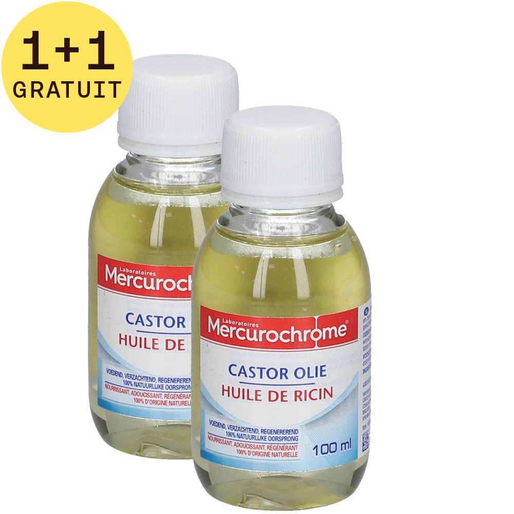 Deux flacons avec bouchons blancs et étiquettes. L'étiquette indique "Mercurochrome" et "Castor Olie Huile de Ricin". 1+1 GRATUIT.