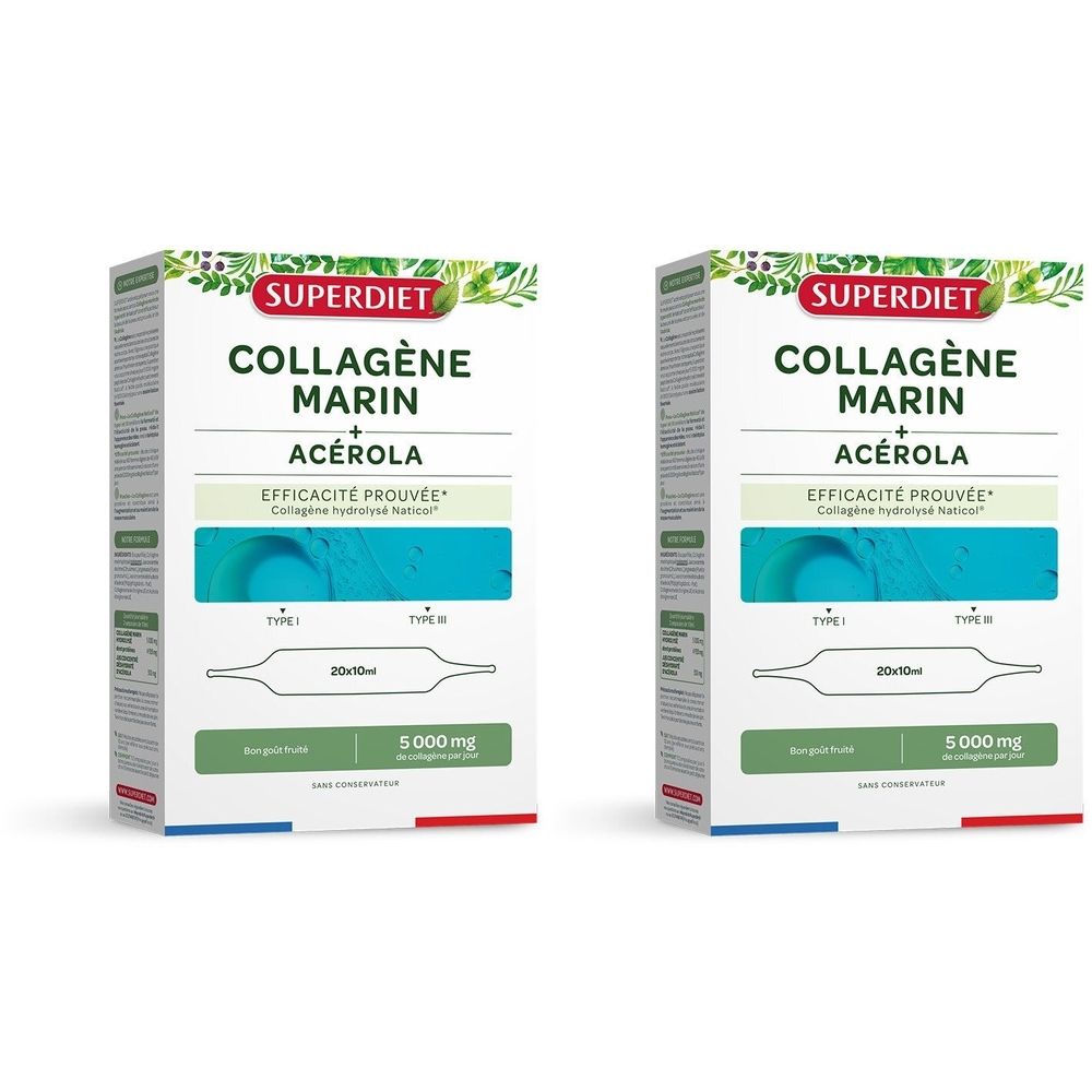 Deux boîtes "Superdiet Collagène Marin" avec acérola. 20x10ml. 5000 mg. Cercle jaune "1+1". Emballage blanc avec éléments verts et bleus.