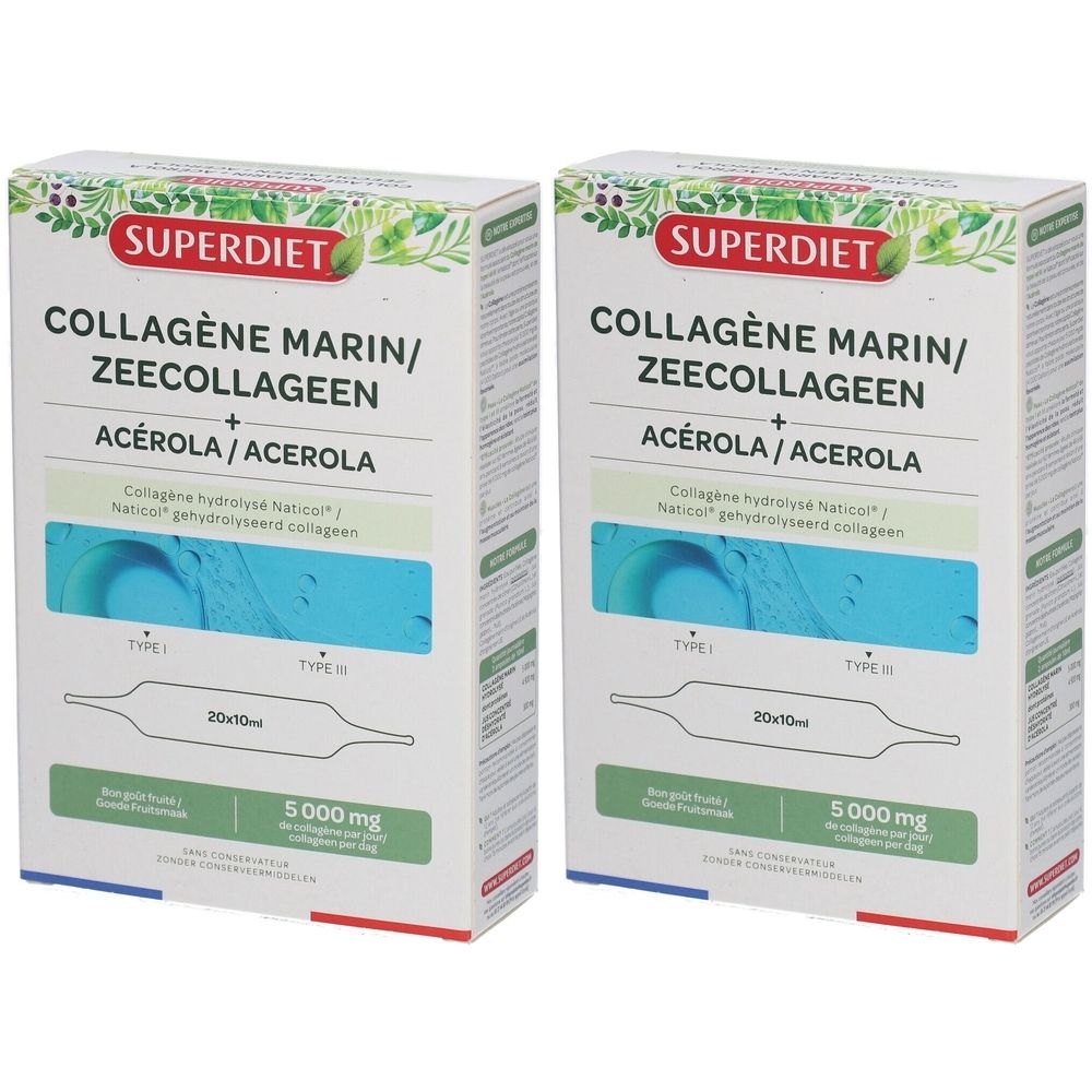 Zwei Kartons mit der Aufschrift "Superdiet Collagène Marin". Enthält Acerola. 20x10ml. 5000 mg. Weiße Verpackung mit grünen und blauen Elementen.