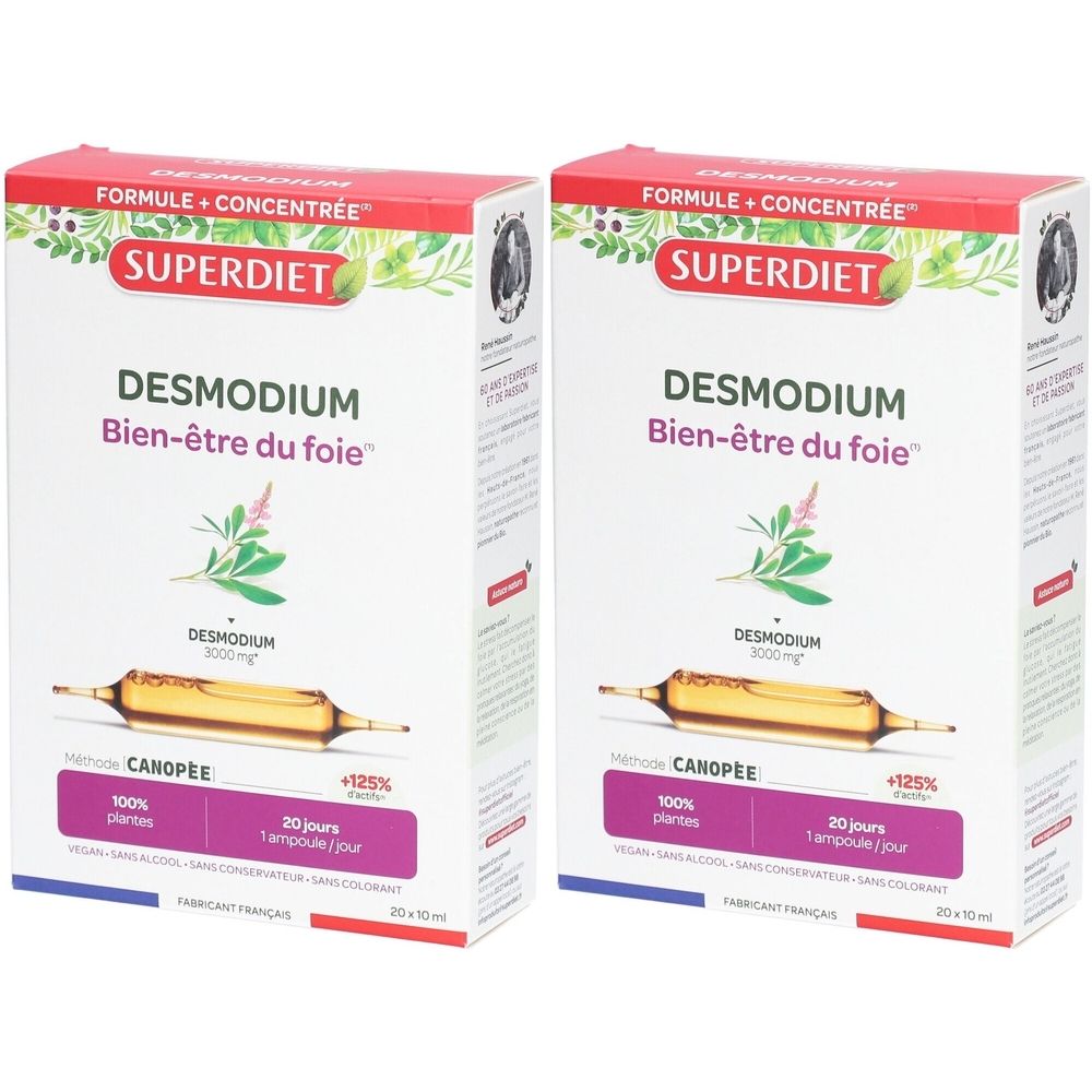 Zwei Packungen Superdiet Desmodium. Jede Packung enthält Ampullen. Aufschrift: Desmodium, Bien-être du foie, 100% plantes.