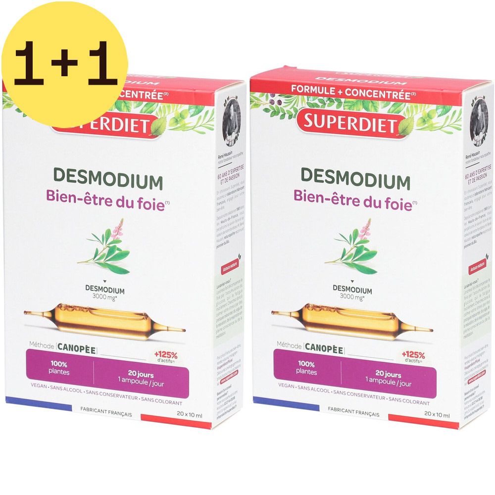 Deux boîtes de Superdiet Desmodium avec autocollant 1+1 gratuit. Chaque boîte contient des ampoules. Inscription: Desmodium, Bien-être du foie.