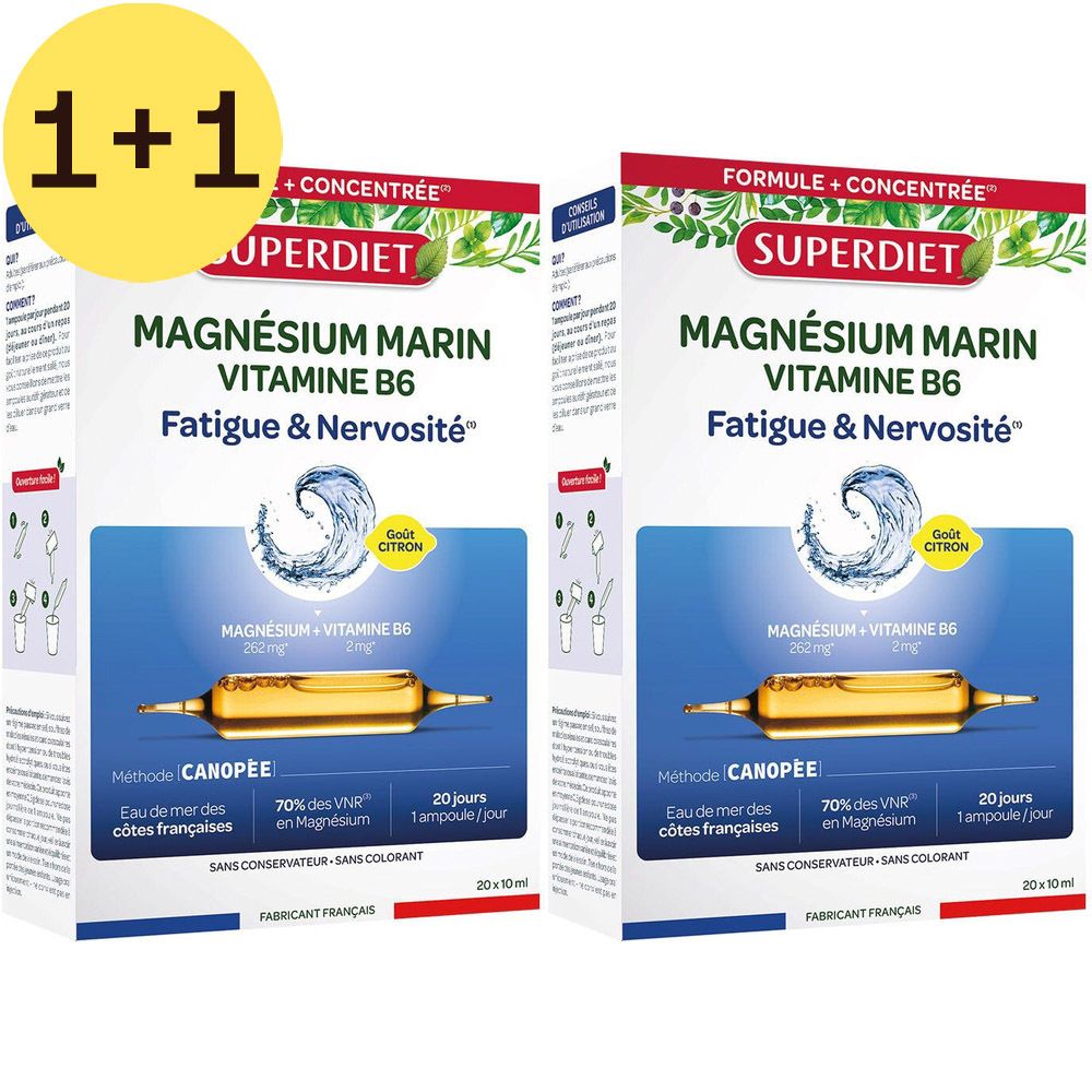 Deux boîtes de Superdiet Magnésium Marin Vitamine B6. Inscription 1+1 GRATUIT. Emballage bleu et blanc.