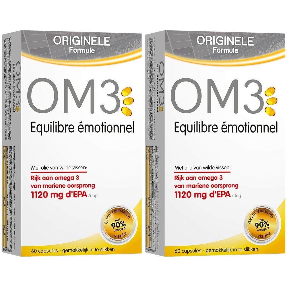 Zwei Packungen OM3 Emotionales Gleichgewicht. Aufschrift: Originele Formule, OM3, Equilibre émotionnel. 60 Kapseln. 90% Omega 3.