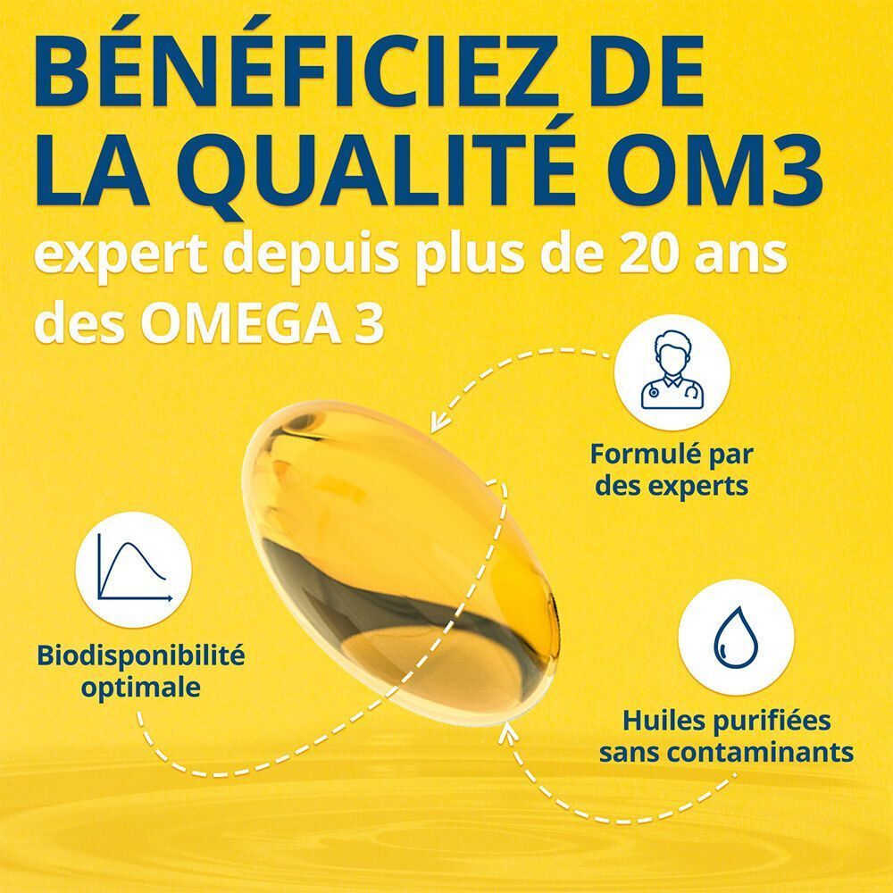 Capsule d'huile Oméga-3. Symboles : biodisponibilité optimale, formulé par des experts, huiles purifiées sans contaminants.