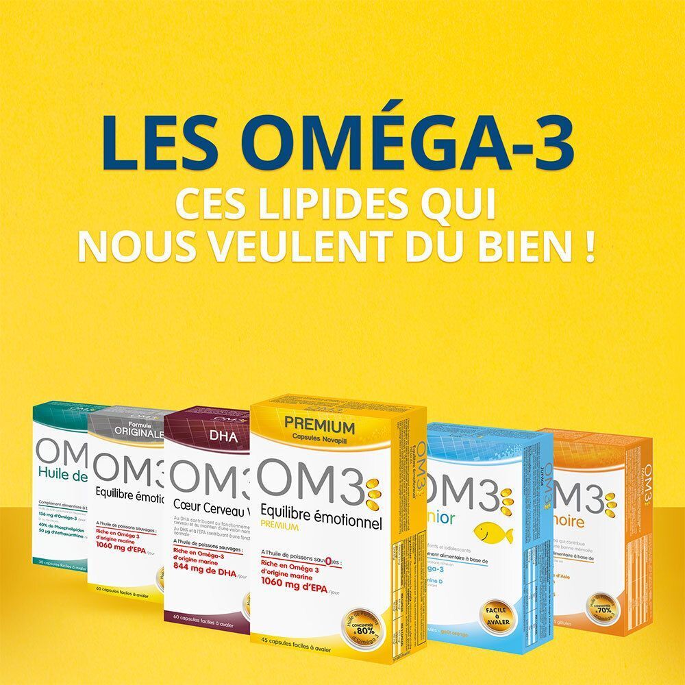 Plusieurs boîtes de OM3. Inscription : OM3, Equilibre émotionnel, Cœur Cerveau, DHA, Premium. 60 capsules.