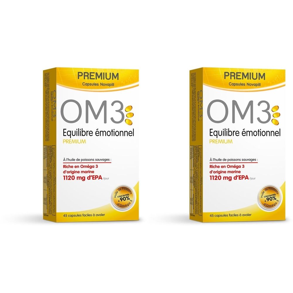 Deux boîtes jaunes "OM3 Equilibre émotionnel". Contient des capsules. Texte: "Premium", "1120 mg d'EPA".