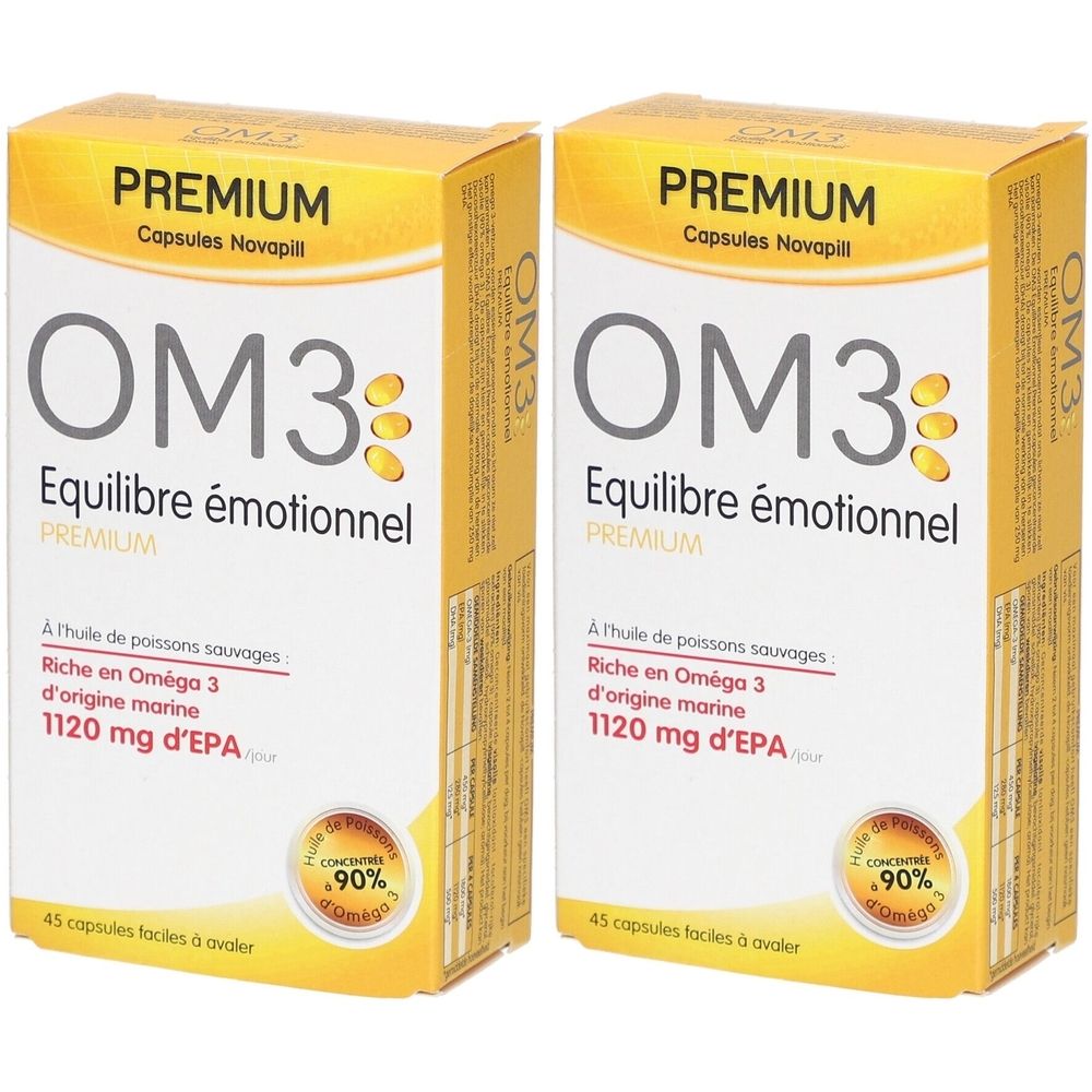 Deux boîtes jaunes "OM3 Equilibre émotionnel". Contient des capsules. Texte: "Premium", "1120 mg d'EPA".