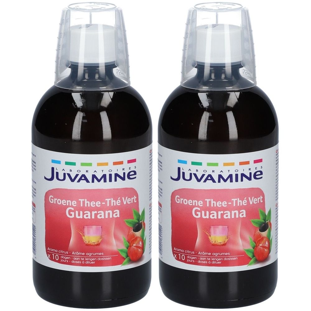 Zwei Flaschen mit Flüssigkeit. Aufdruck: Juvamine, Thé Vert Guarana. Rote Etiketten mit Illustrationen. Klare Kappen.