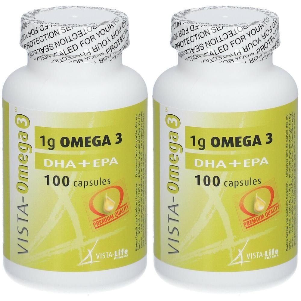 Zwei weiße Flaschen mit gelbem Etikett. Aufschrift: VISTA-Omega 3, 1g Omega 3, DHA+EPA, 100 Kapseln. Premium Quality Siegel.