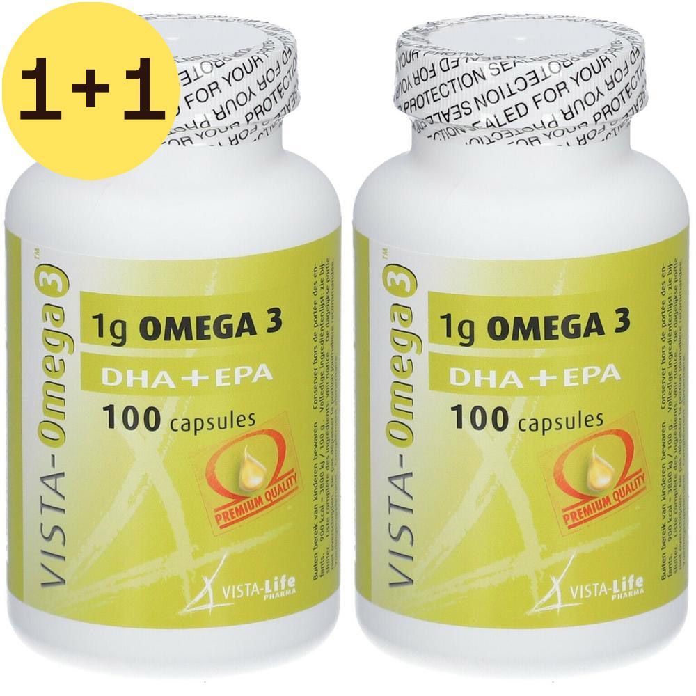 Deux flacons blancs avec étiquette jaune. Inscription : VISTA-Omega 3, 1g Omega 3, DHA+EPA, 100 capsules. Sceau Premium Quality. Symbole promo 1+1 jaune.