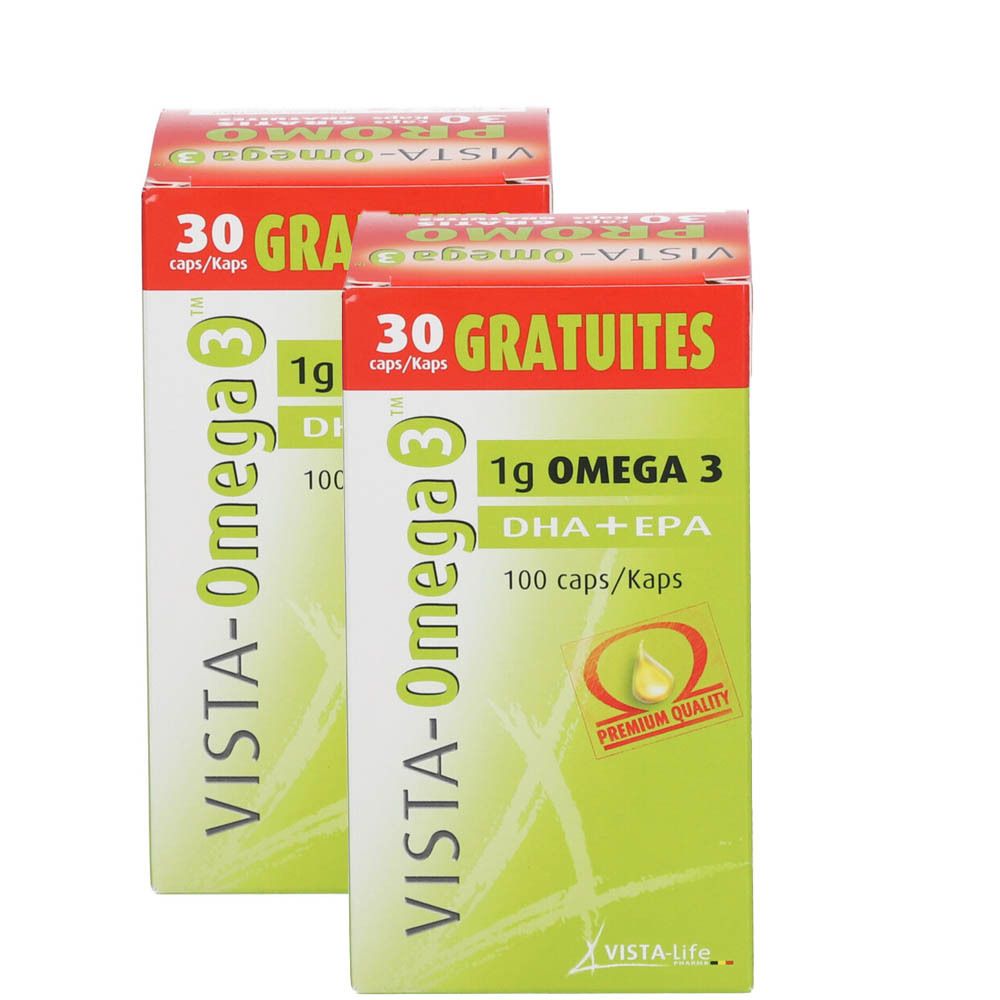 Deux boîtes VISTA-Omega 3. Inscription : 30 GRATUITES, 1g Omega 3, DHA+EPA, 100 caps/Kaps. Design rouge et vert.