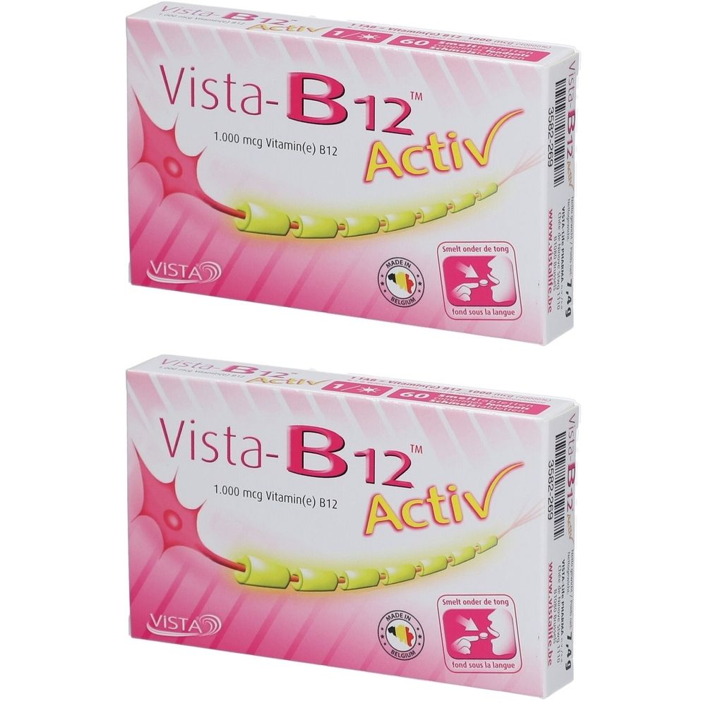 Deux boîtes de Vista B-12 Activ avec un autocollant jaune 1+1. Boîtes blanches avec des accents roses et des informations sur le produit. Contient de la vitamine B12.